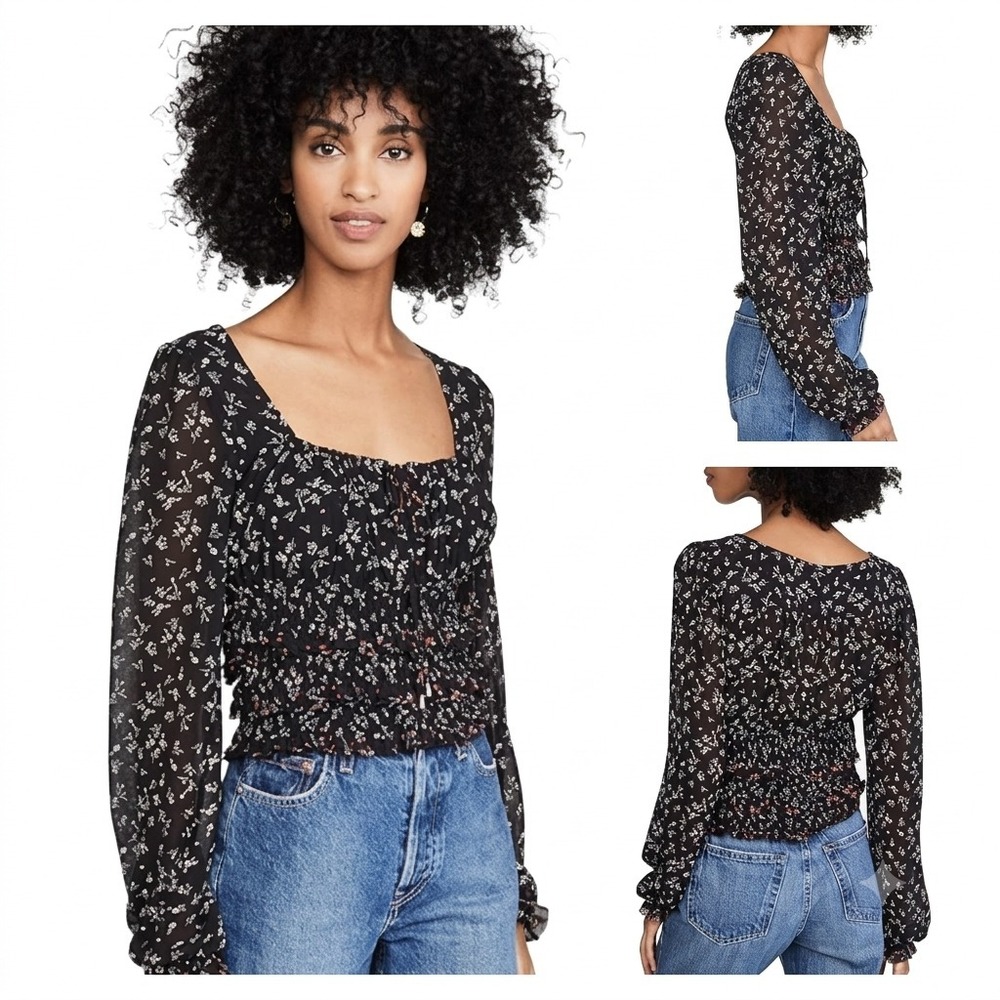 Free People Lolita Blouse Top Womens M Black Floral Smocked Waist Ruffle Trim